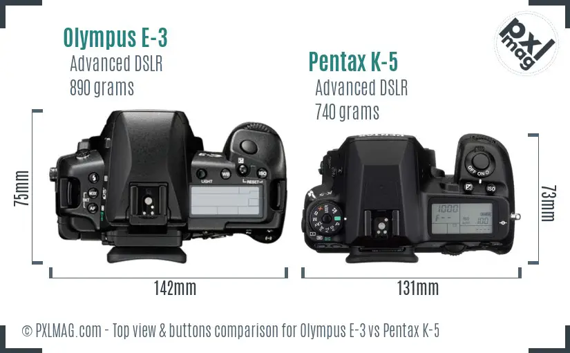 Olympus E-3 vs Pentax K-5 top view buttons comparison