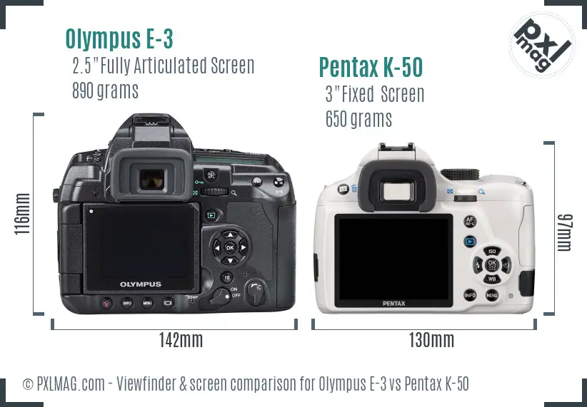 Olympus E-3 vs Pentax K-50 Screen and Viewfinder comparison