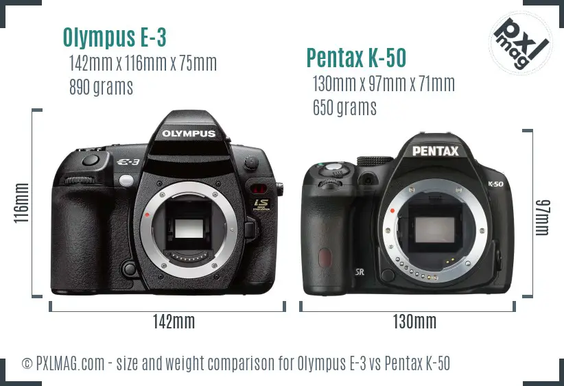 Olympus E-3 vs Pentax K-50 size comparison