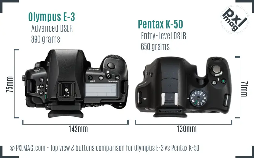Olympus E-3 vs Pentax K-50 top view buttons comparison