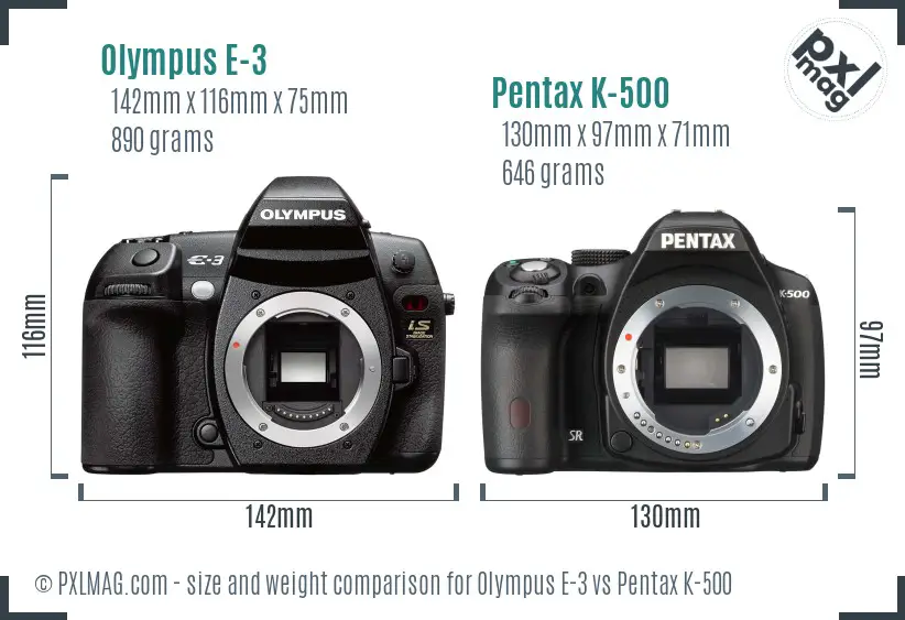 Olympus E-3 vs Pentax K-500 size comparison