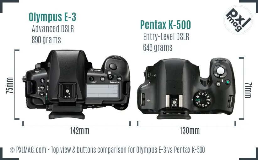 Olympus E-3 vs Pentax K-500 top view buttons comparison