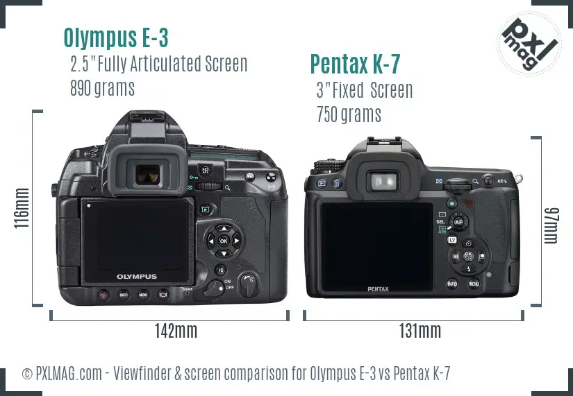 Olympus E-3 vs Pentax K-7 Screen and Viewfinder comparison