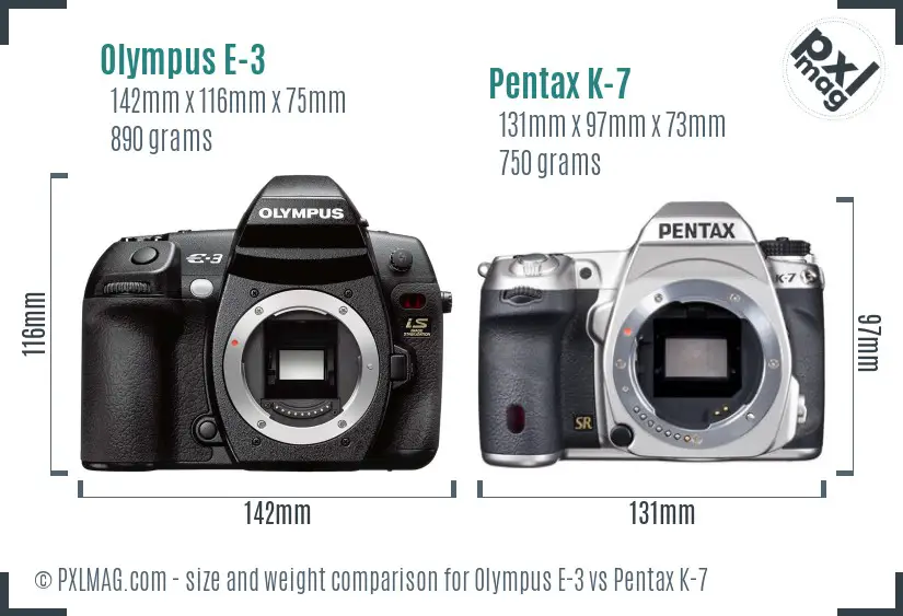 Olympus E-3 vs Pentax K-7 size comparison