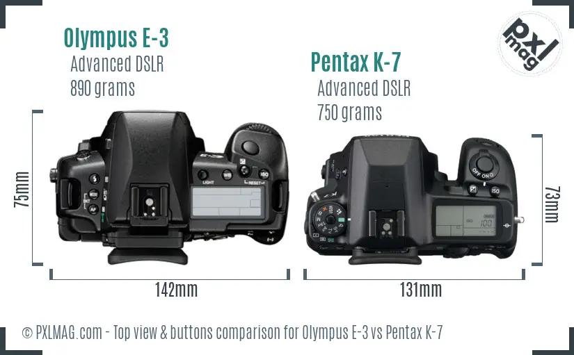Olympus E-3 vs Pentax K-7 top view buttons comparison