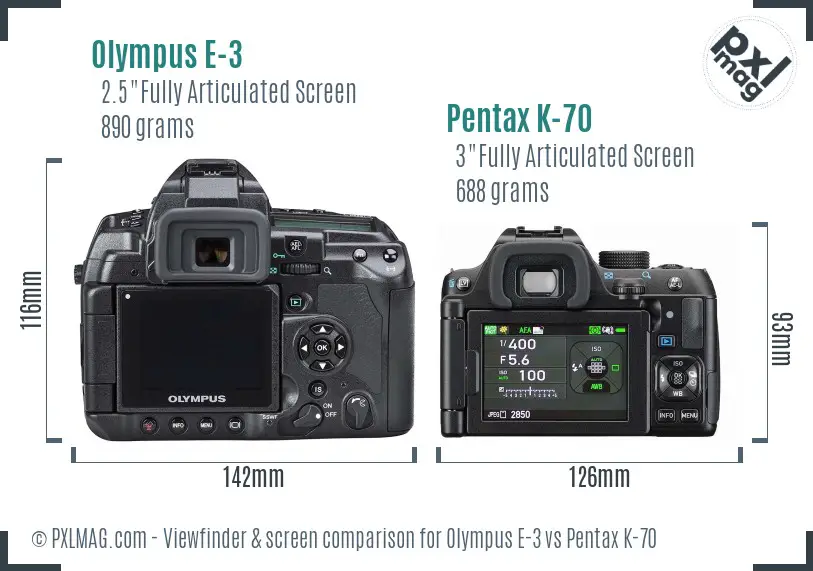 Olympus E-3 vs Pentax K-70 Screen and Viewfinder comparison