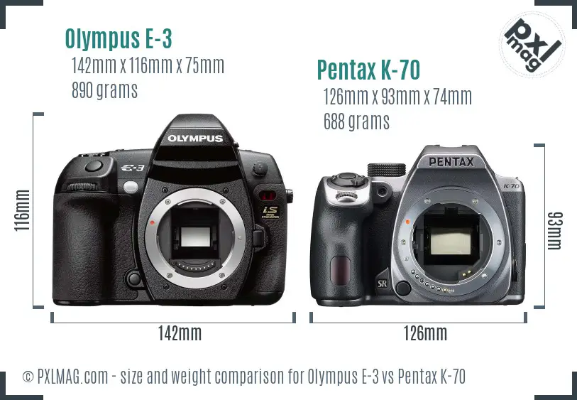 Olympus E-3 vs Pentax K-70 size comparison