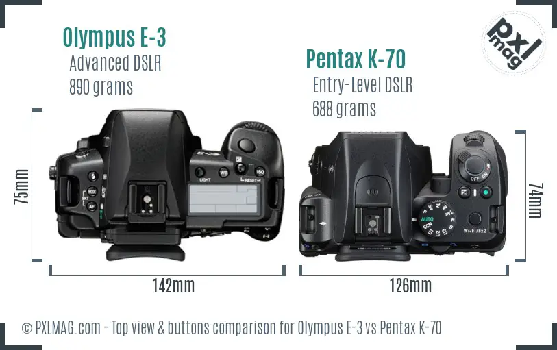 Olympus E-3 vs Pentax K-70 top view buttons comparison