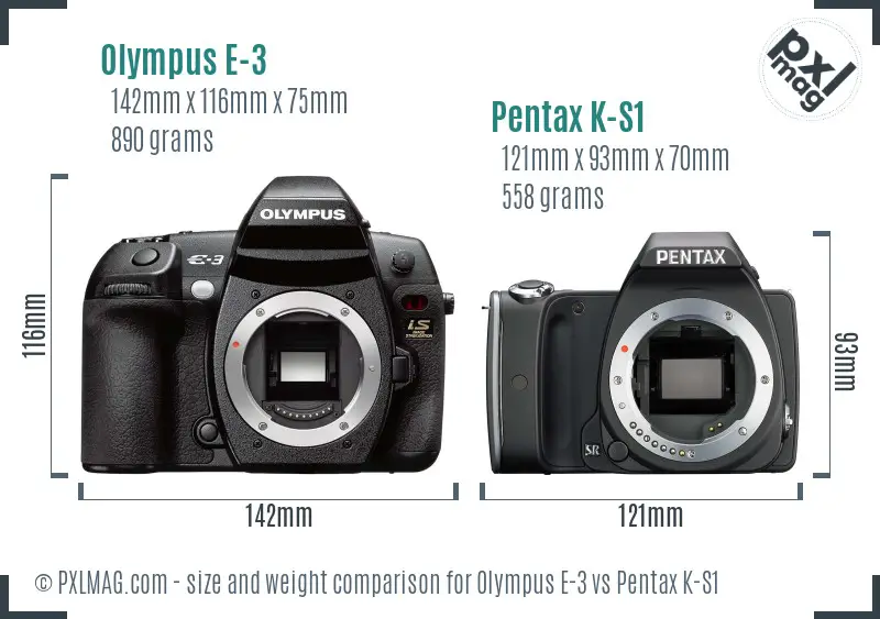 Olympus E-3 vs Pentax K-S1 size comparison