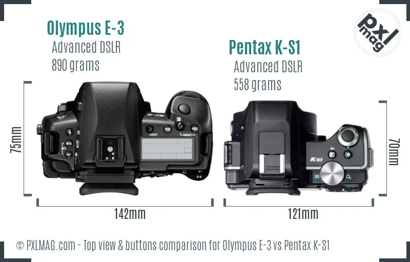 Olympus E-3 vs Pentax K-S1 top view buttons comparison
