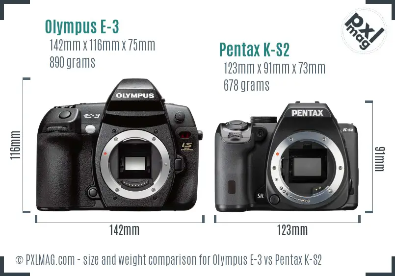 Olympus E-3 vs Pentax K-S2 size comparison