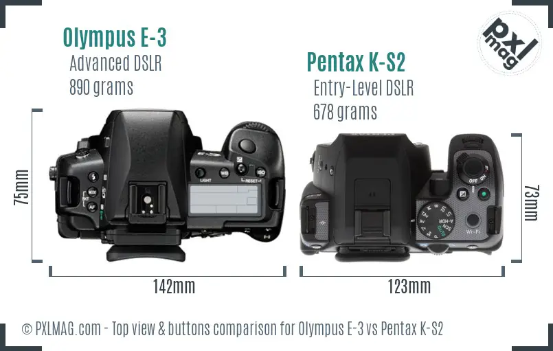 Olympus E-3 vs Pentax K-S2 top view buttons comparison