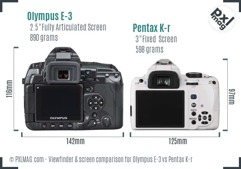 Olympus E-3 vs Pentax K-r Screen and Viewfinder comparison
