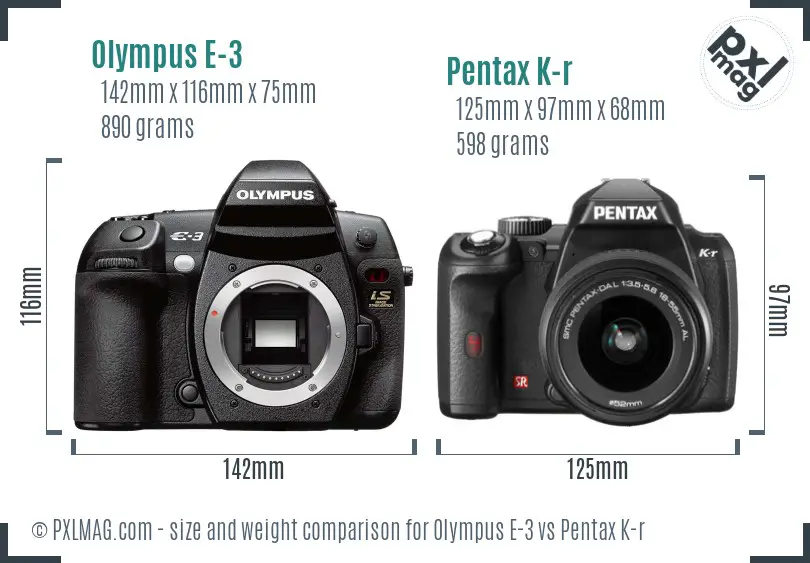 Olympus E-3 vs Pentax K-r size comparison