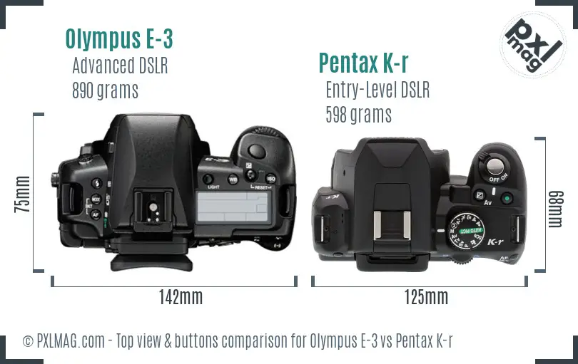 Olympus E-3 vs Pentax K-r top view buttons comparison