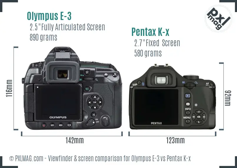 Olympus E-3 vs Pentax K-x Screen and Viewfinder comparison