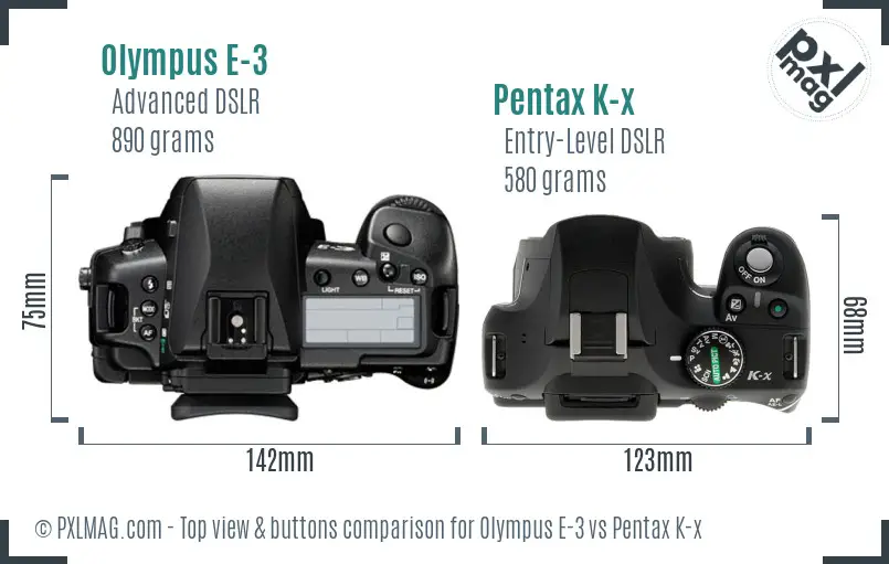 Olympus E-3 vs Pentax K-x top view buttons comparison