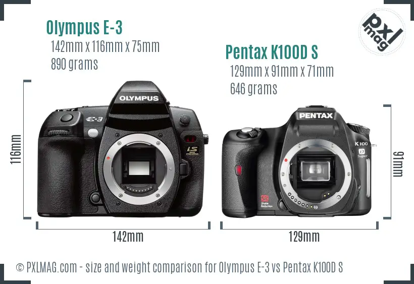 Olympus E-3 vs Pentax K100D S size comparison