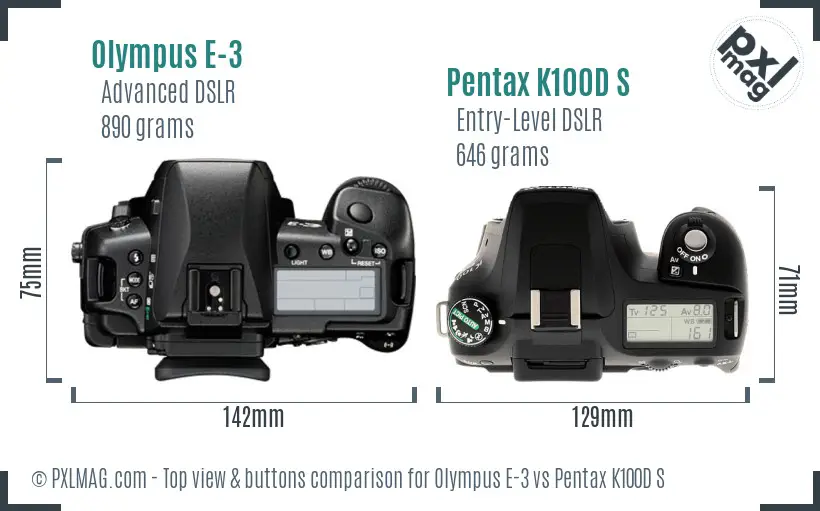 Olympus E-3 vs Pentax K100D S top view buttons comparison