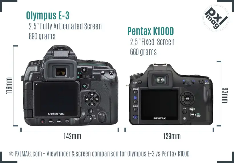 Olympus E-3 vs Pentax K100D Screen and Viewfinder comparison