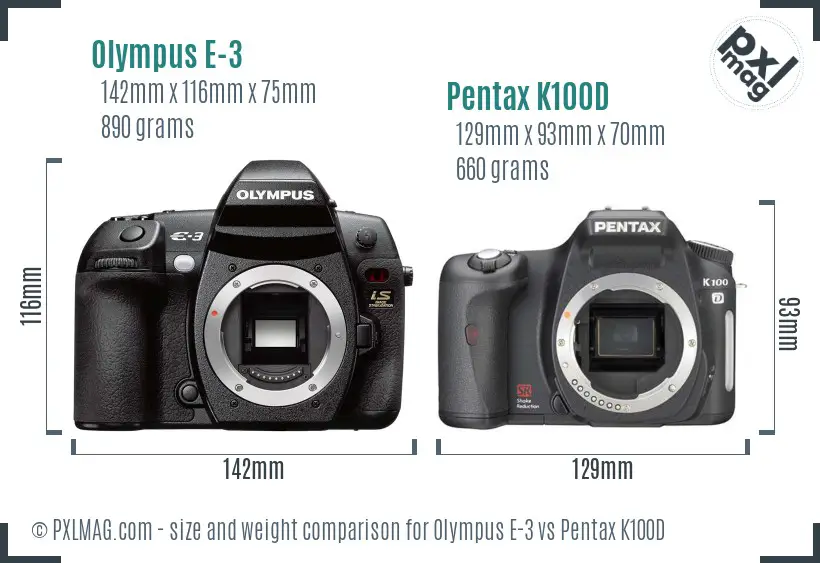 Olympus E-3 vs Pentax K100D size comparison