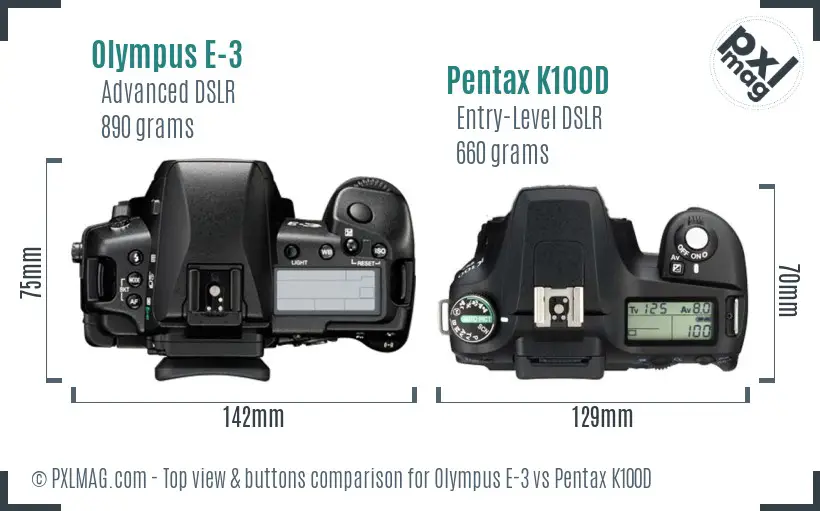 Olympus E-3 vs Pentax K100D top view buttons comparison