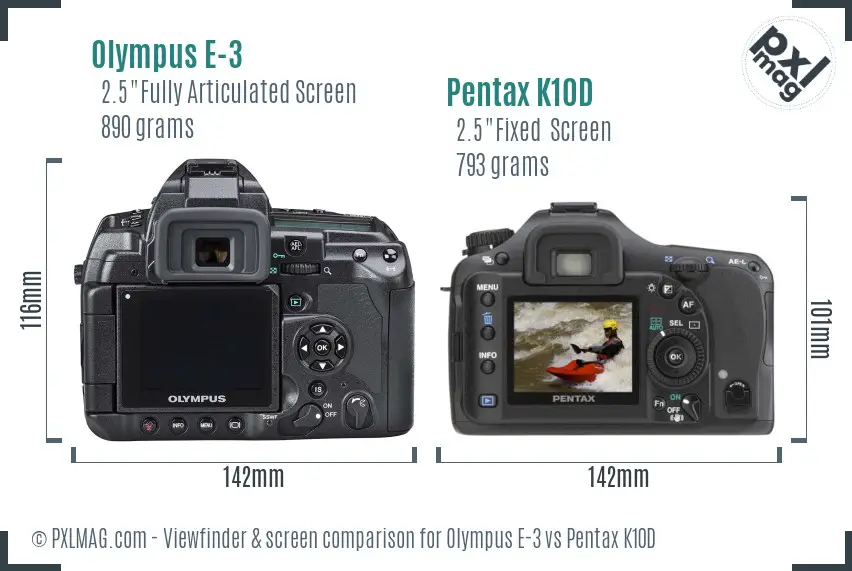 Olympus E-3 vs Pentax K10D Screen and Viewfinder comparison