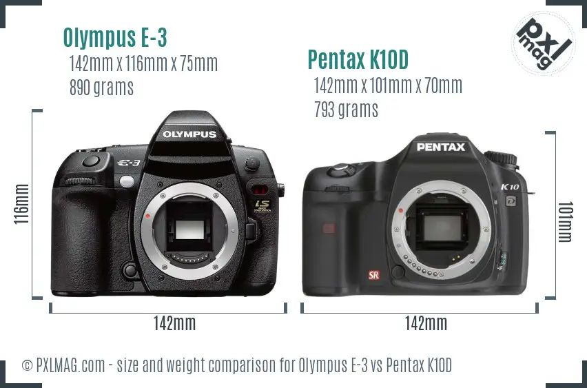 Olympus E-3 vs Pentax K10D size comparison