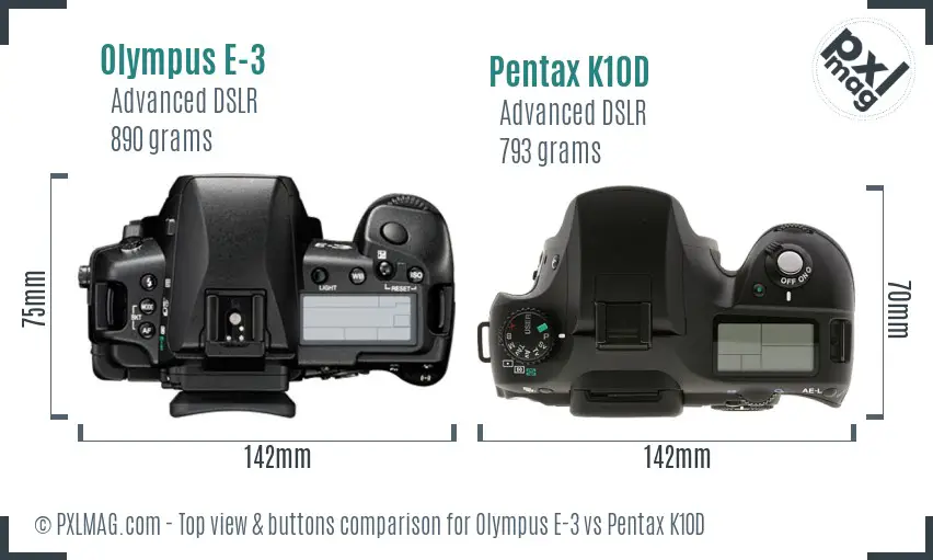 Olympus E-3 vs Pentax K10D top view buttons comparison