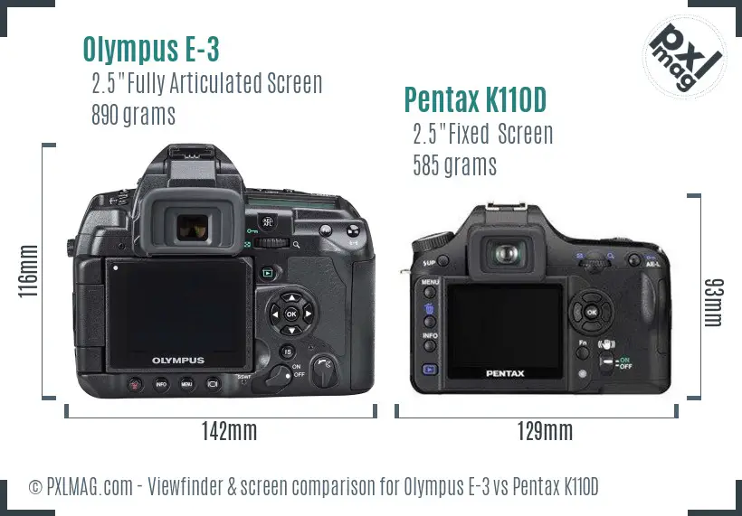 Olympus E-3 vs Pentax K110D Screen and Viewfinder comparison