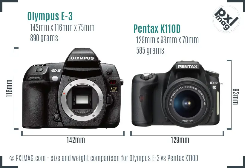 Olympus E-3 vs Pentax K110D size comparison