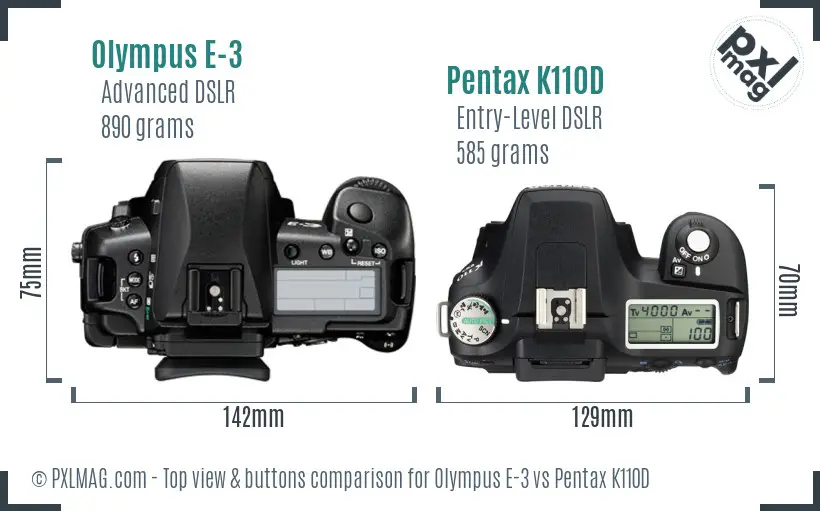 Olympus E-3 vs Pentax K110D top view buttons comparison