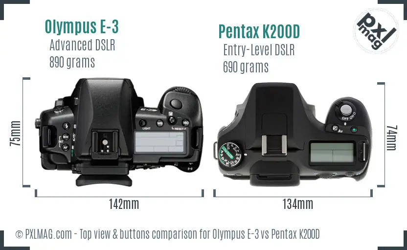 Olympus E-3 vs Pentax K200D top view buttons comparison