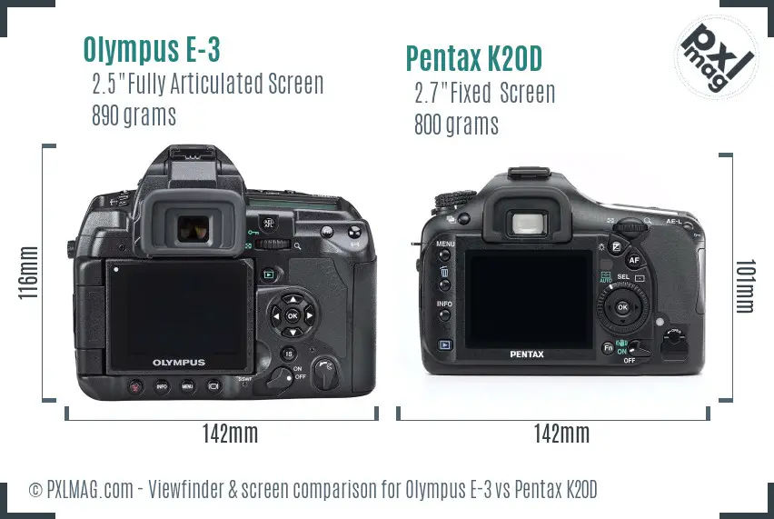 Olympus E-3 vs Pentax K20D Screen and Viewfinder comparison