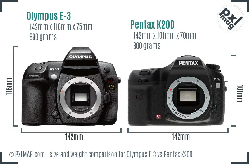 Olympus E-3 vs Pentax K20D size comparison