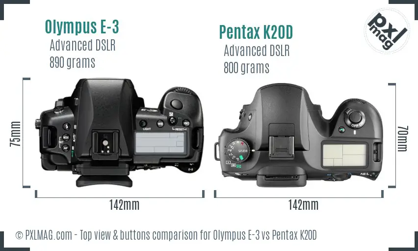 Olympus E-3 vs Pentax K20D top view buttons comparison