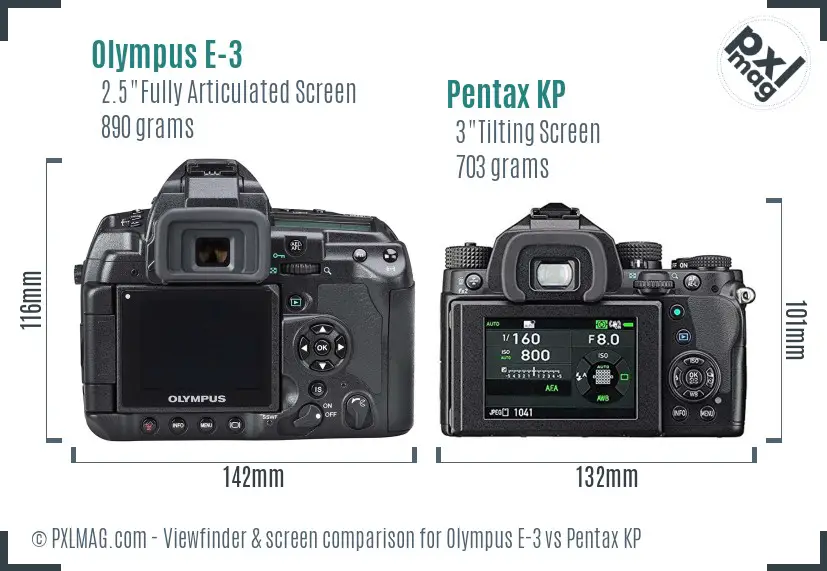 Olympus E-3 vs Pentax KP Screen and Viewfinder comparison