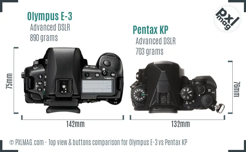 Olympus E-3 vs Pentax KP top view buttons comparison