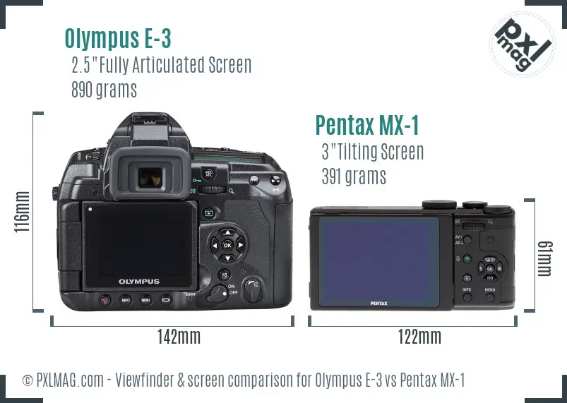 Olympus E-3 vs Pentax MX-1 Screen and Viewfinder comparison