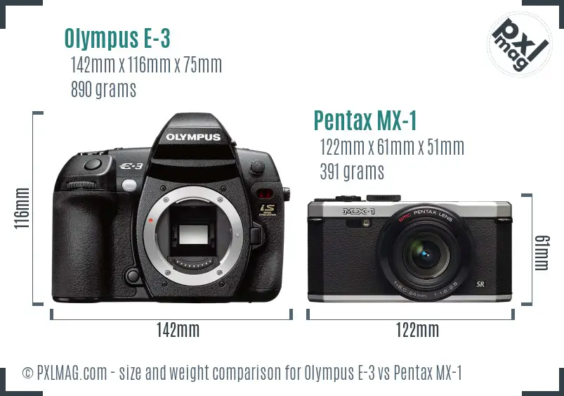 Olympus E-3 vs Pentax MX-1 size comparison