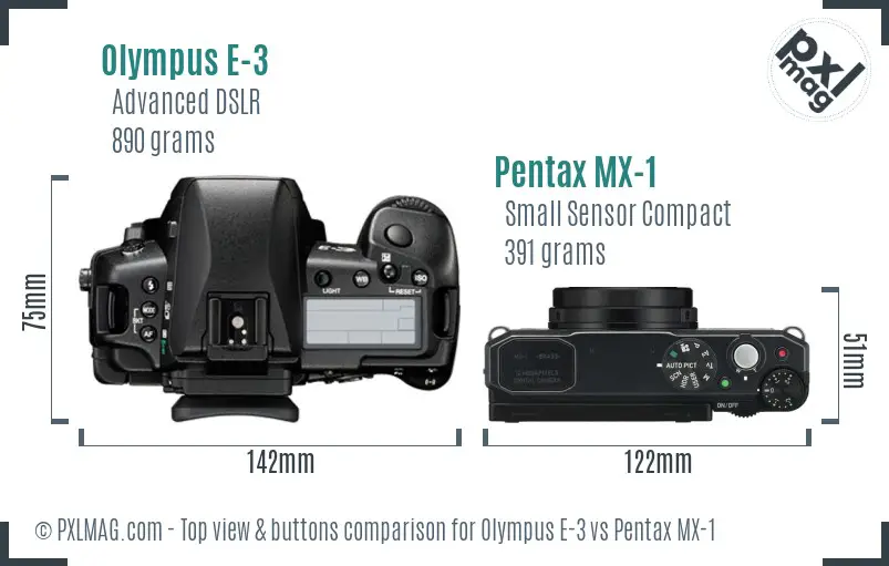 Olympus E-3 vs Pentax MX-1 top view buttons comparison