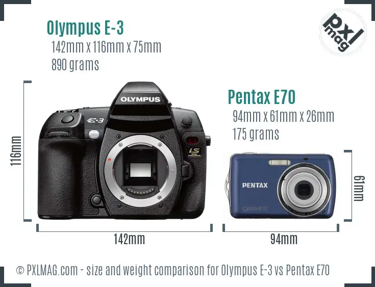 Olympus E-3 vs Pentax E70 size comparison