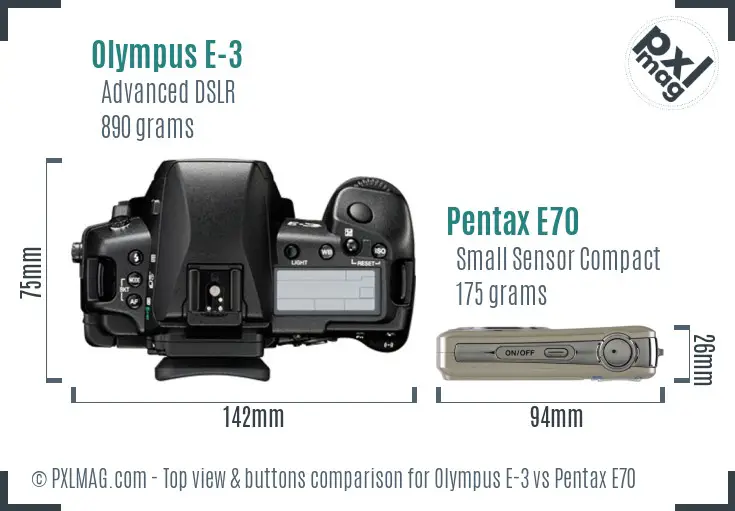 Olympus E-3 vs Pentax E70 top view buttons comparison