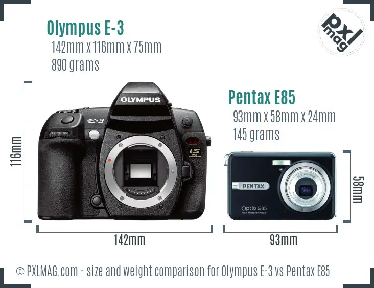 Olympus E-3 vs Pentax E85 size comparison