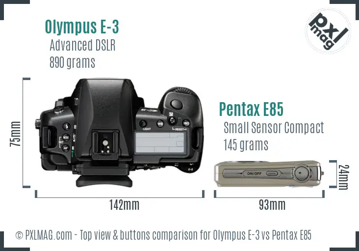 Olympus E-3 vs Pentax E85 top view buttons comparison