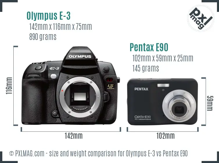 Olympus E-3 vs Pentax E90 size comparison