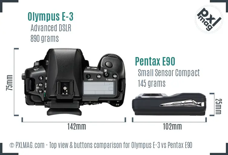 Olympus E-3 vs Pentax E90 top view buttons comparison
