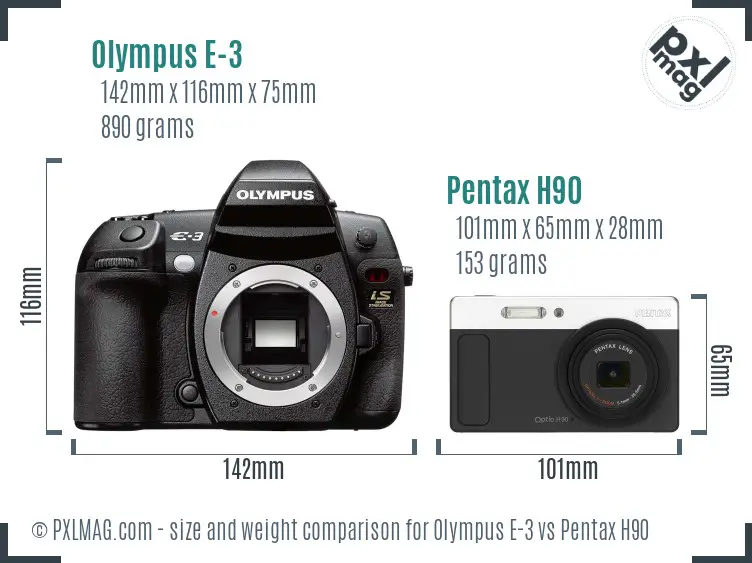 Olympus E-3 vs Pentax H90 size comparison