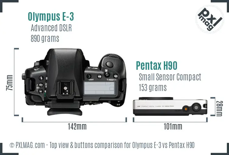 Olympus E-3 vs Pentax H90 top view buttons comparison