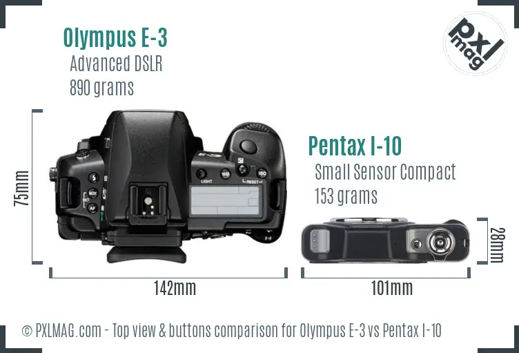 Olympus E-3 vs Pentax I-10 top view buttons comparison